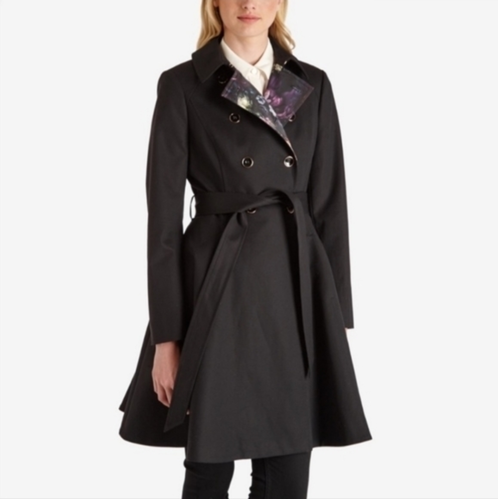 TED BAKER McKenzie Flaired Double Breasted Black‎ Trench/Peacoat Size 0 (US 2)